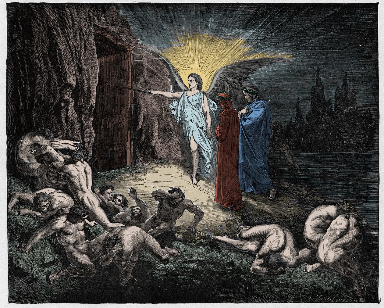 Inferno, 9. ének: Az angyal kinyitja a kapukat, illusztráció Dante Alighieri Isteni színjátékából, 1885 (digitálisan színes metszet) alkotó: Gustave after Dore