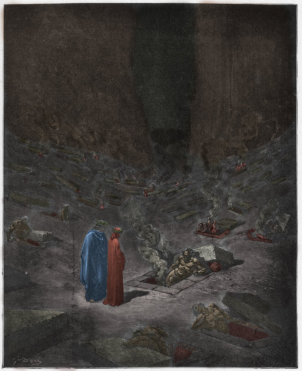 Inferno, 9. ének: Az eretnekek égő sírjai, illusztráció Dante Alighieri Isteni színjátékából, 1885 (digitálisan színes metszet) alkotó: Gustave after Dore