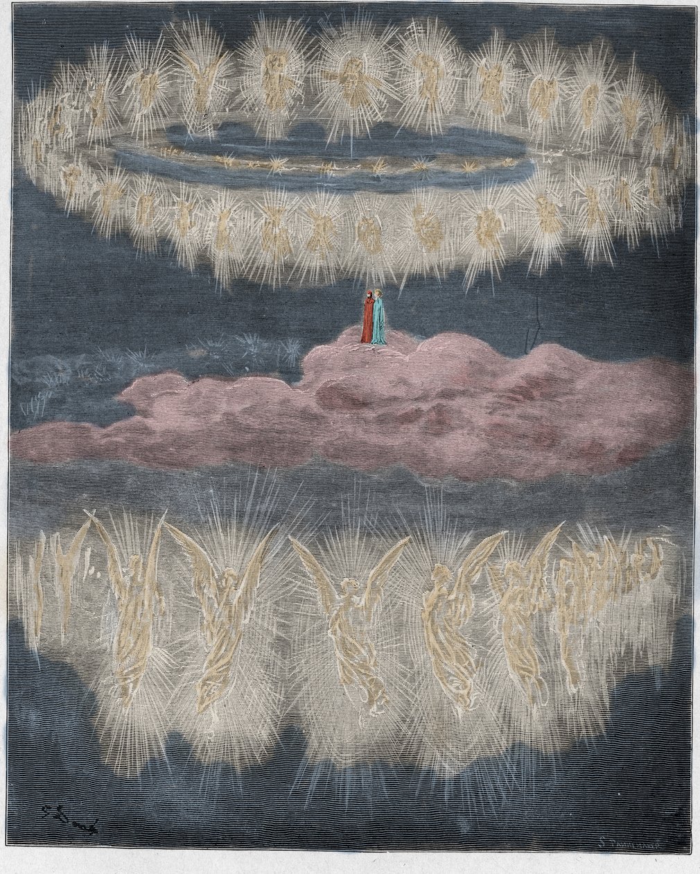 Paradiso, 12. ének: Megdicsőült lelkek gyűrűi a napon, illusztráció Dante Alighieri Isteni színjátékából, 1885 (digitálisan színes metszet) alkotó: Gustave after Dore