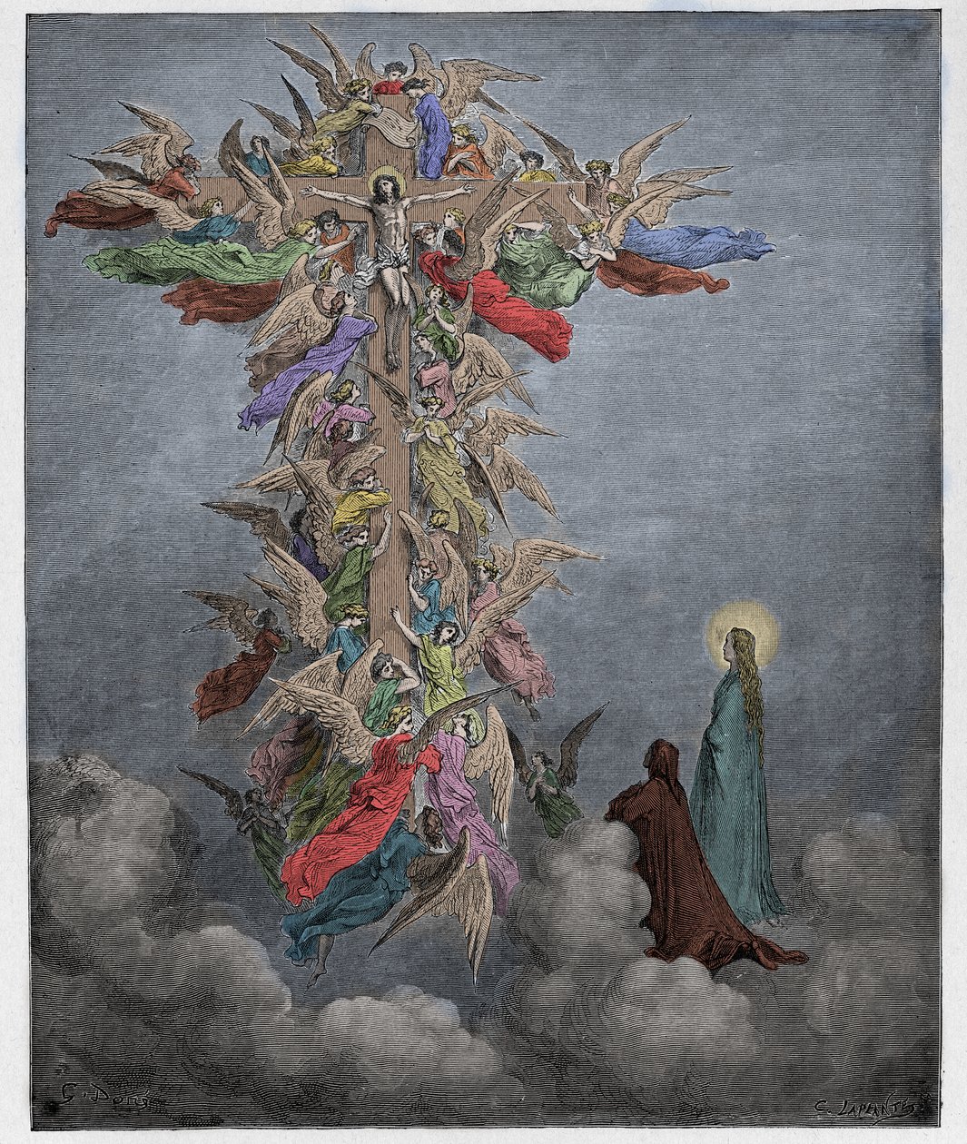 Paradiso, 14. ének: Dante és Beatrice látja az angyalokat Krisztussal a kereszten, illusztráció Dante Alighieri Isteni színjátékából, 1885 (digitálisan színes metszet) alkotó: Gustave after Dore
