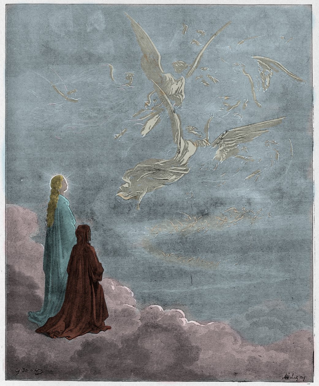 Paradiso, 18. ének : Dante és Beatrice fordítása a Jupiter szférájába, illusztráció Dante Alighieri Isteni komédiájából, 1885 (digitálisan színezett metszet). alkotó: Gustave after Dore