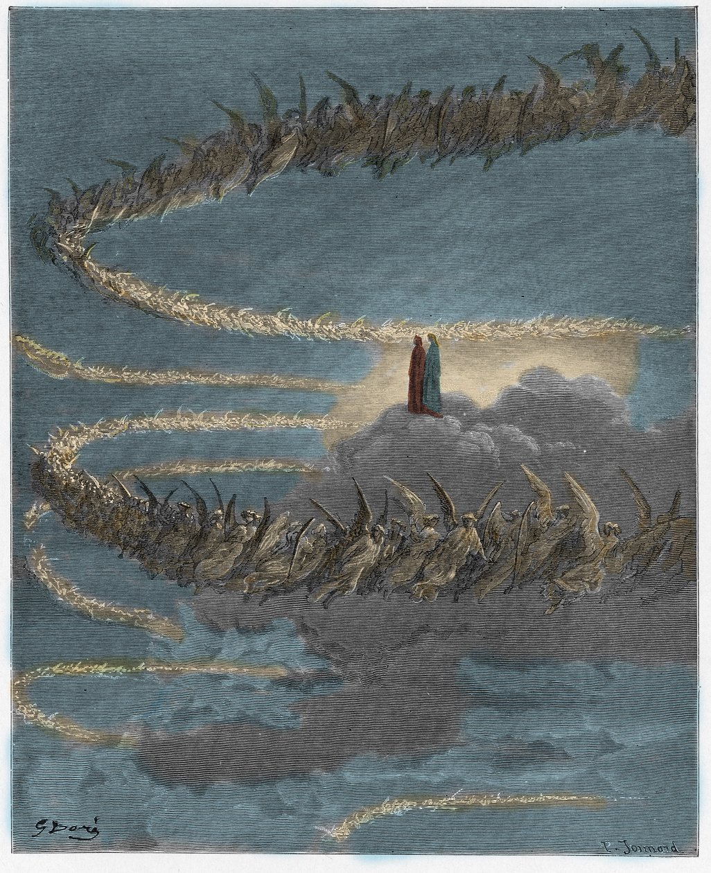 Paradiso, 18. ének: A Jupiter szférájában az áldott lelkek köröznek, és betűket formálnak, illusztráció Dante Alighieri Isteni színjátékából, 1885 (digitálisan színes metszet) alkotó: Gustave after Dore