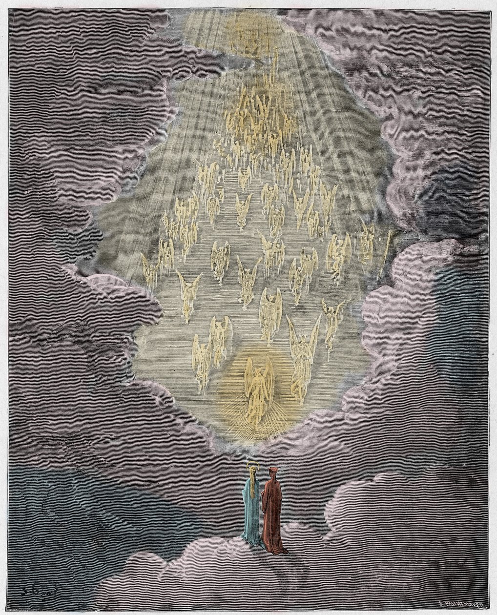 Paradiso, 21. ének : Beatrice és Dante a Szaturnusz szférájában, illusztráció Dante Alighieri Isteni komédiájából, 1885 (digitálisan színezett metszet). alkotó: Gustave after Dore
