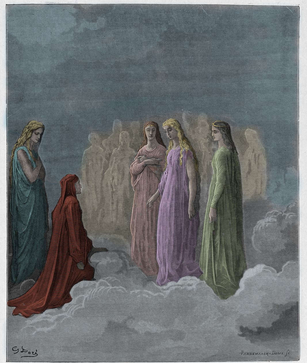 Paradiso, 3. ének: Az első birodalom: Piccarda Donati és a lelkek, akiknek fogadalmát megszegték, illusztráció Dante Alighieri Isteni színjátékából, 1885 (digitálisan színes metszet) alkotó: Gustave after Dore