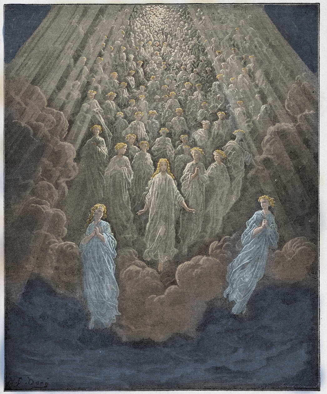 Paradiso, 5. ének: Számtalan izzó lélek serege a második birodalomban, illusztráció Dante Alighieri Isteni színjátékából, 1885 (digitálisan színes metszet) alkotó: Gustave after Dore