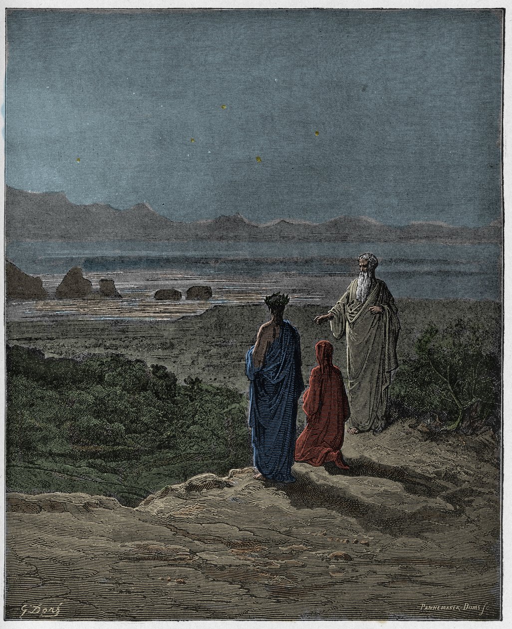 Purgatorio, 1. ének: Dante letérdel Statius (Stace) előtt, illusztráció Dante Alighieri Isteni színjátékából, 1885 (digitálisan színes metszet) alkotó: Gustave after Dore
