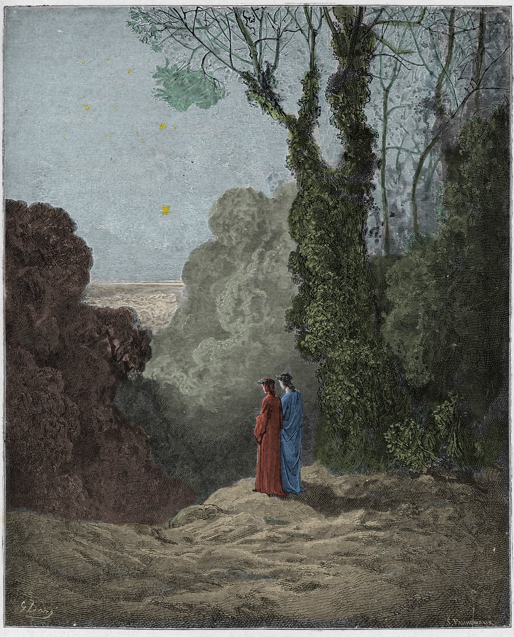 Purgatorio, 1. ének : A költők a Vénusz szépségét látják a reggeli égbolton, illusztráció Dante Alighieri Isteni komédiájából, 1885 (digitálisan színezett metszet). alkotó: Gustave after Dore
