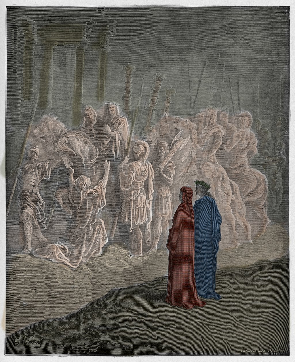 Purgatorio, 10. ének: A büszkeséget ábrázoló márványszobrok, illusztráció Dante Alighieri Isteni színjátékából, 1885 (digitálisan színes metszet) alkotó: Gustave after Dore