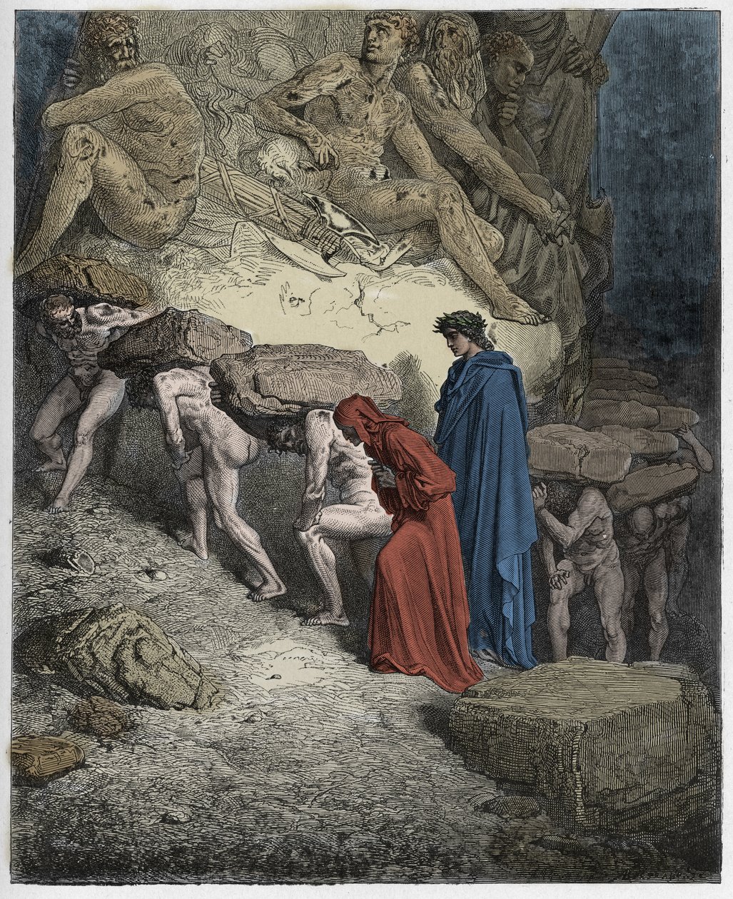 Purgatorio, 11. ének: A büszke, nehéz köveket hordozó lelkek, illusztráció Dante Alighieri Isteni színjátékából, 1885 (digitálisan színes metszet) alkotó: Gustave after Dore