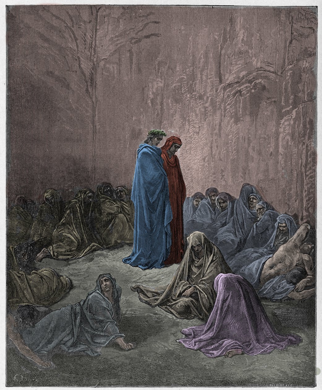 Purgatorio, 13. ének: Az irigyek lelkei, illusztráció Dante Alighieri Isteni színjátékából, 1885 (digitálisan színes metszet) alkotó: Gustave after Dore