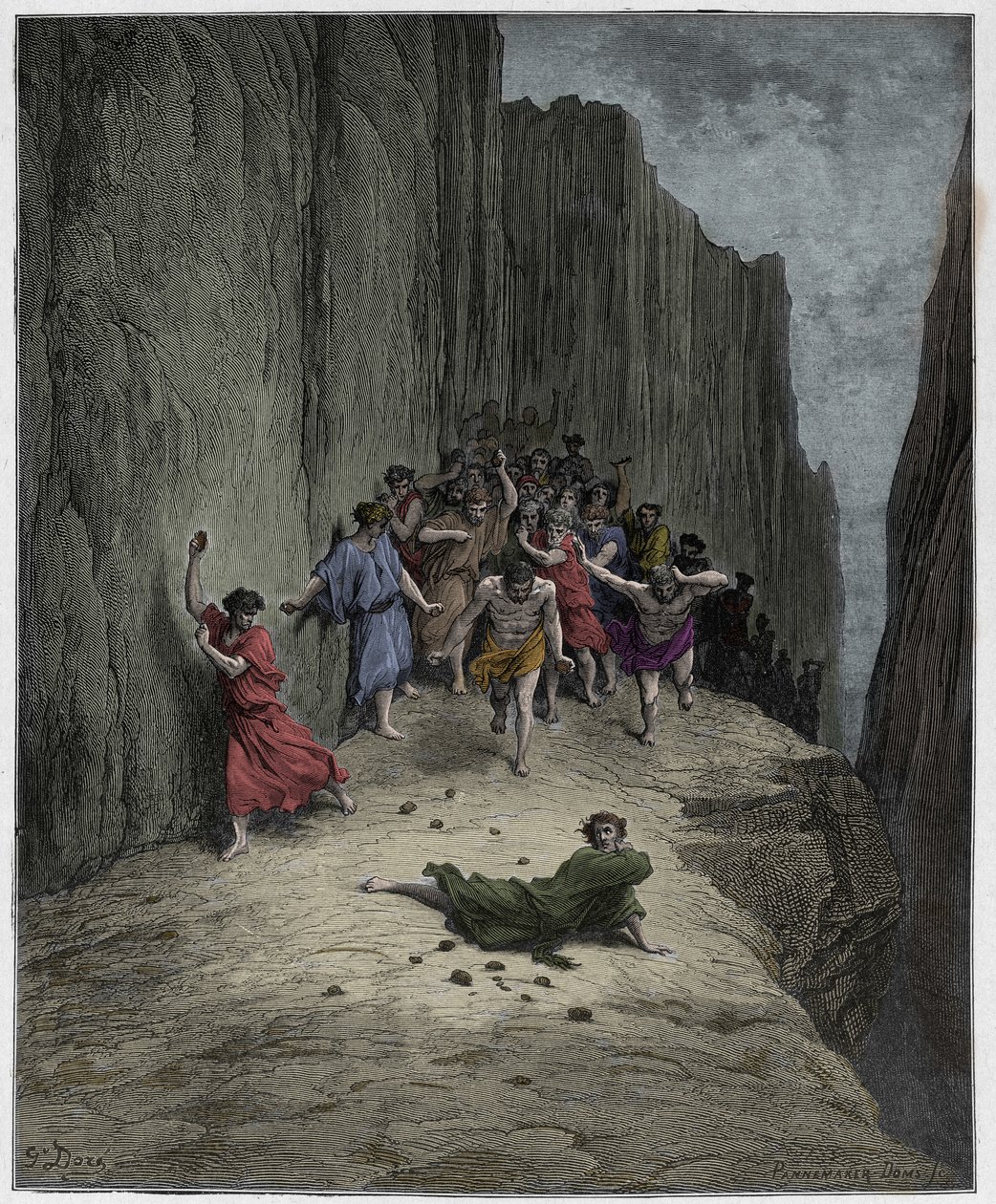 Purgatorio, 15. ének: Dante látomása István (szent Etienne) megkövezéséről, illusztráció Dante Alighieri Isteni színjátékából, 1885 (digitálisan színes metszet) alkotó: Gustave after Dore