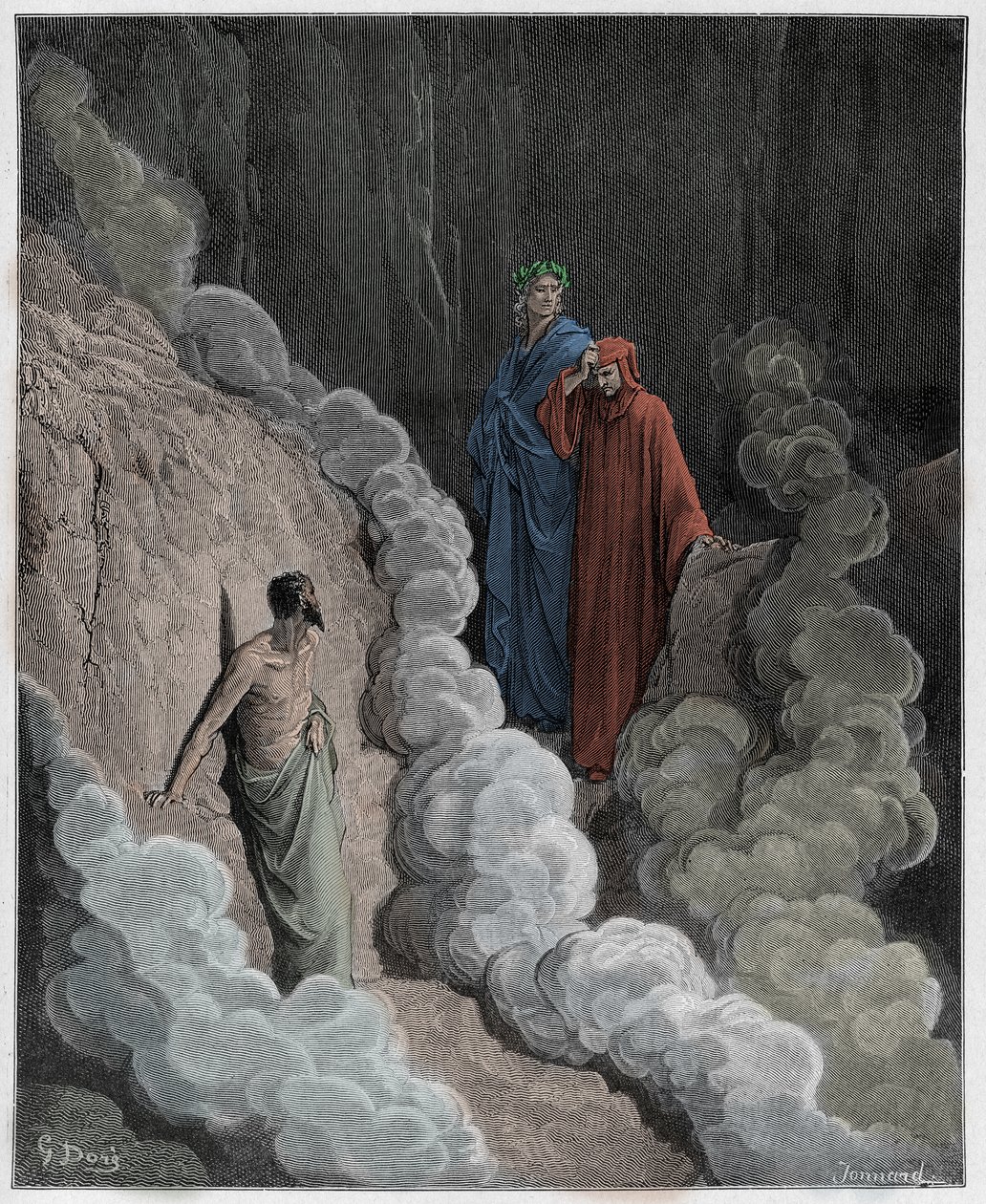 Purgatorio, 16. ének: Dante Marco Lombardo lelkéhez beszél, illusztráció Dante Alighieri Isteni színjátékából, 1885 (digitálisan színes metszet) alkotó: Gustave after Dore