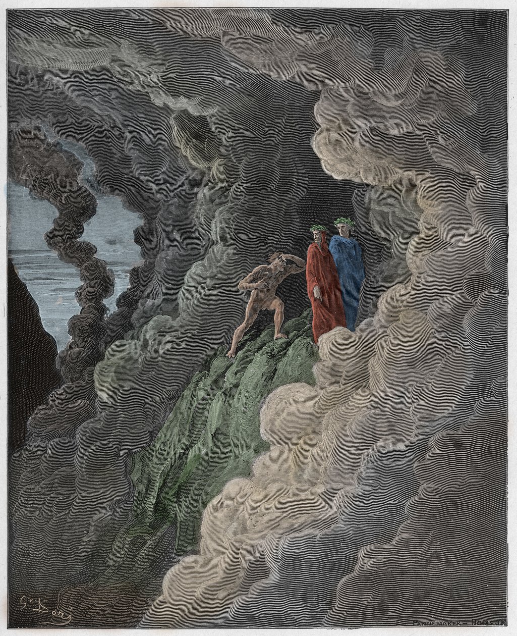 Purgatorio, 16. ének: Marco Lombardo követi a költőket a füstön keresztül, illusztráció Dante Alighieri Isteni színjátékából, 1885 (digitálisan színes metszet) alkotó: Gustave after Dore