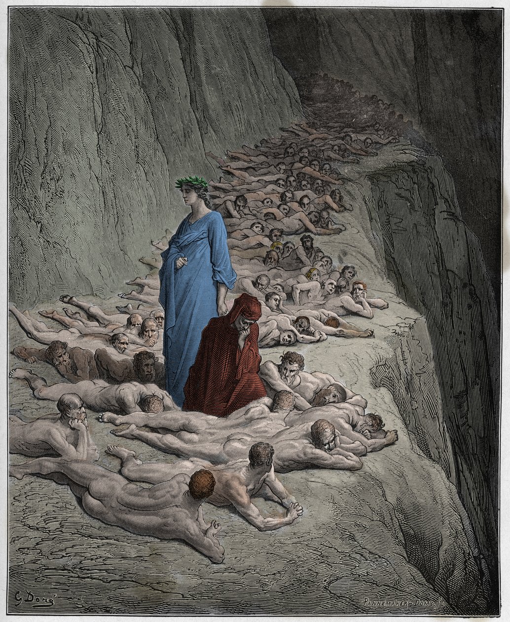 Purgatorio, 19. ének: A kapzsiak lelkei: V. Adrian (V. Adrien) beszél Dantéval, illusztráció Dante Alighieri Isteni színjátékából, 1885 (digitálisan színes metszet) alkotó: Gustave after Dore