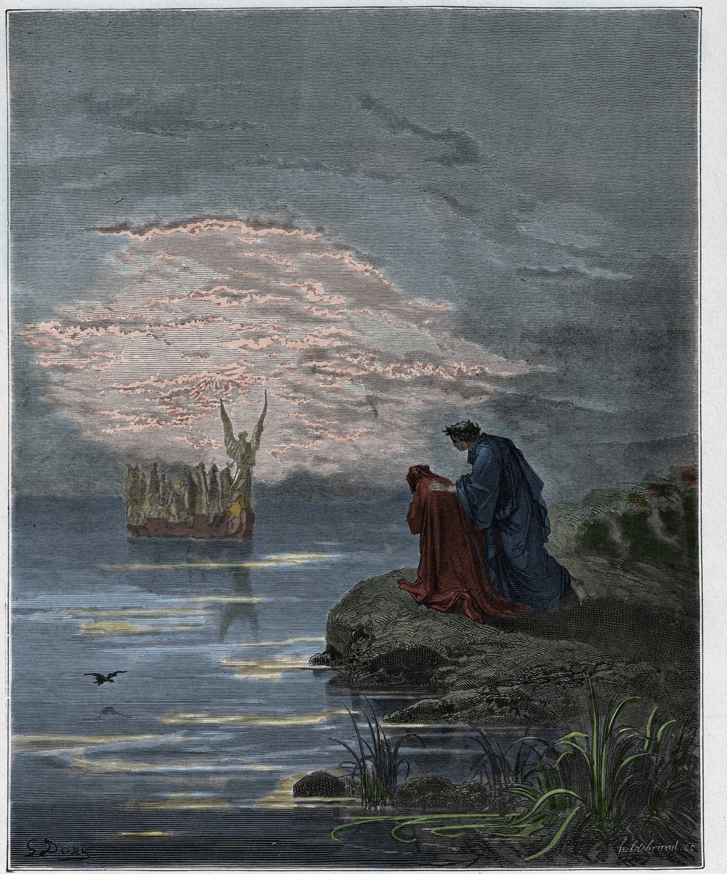 Purgatorio, 2. ének: Dante meghajol az angyalpilóta előtt, illusztráció Dante Alighieri Isteni színjátékából, 1885 (digitálisan színes metszet) alkotó: Gustave after Dore