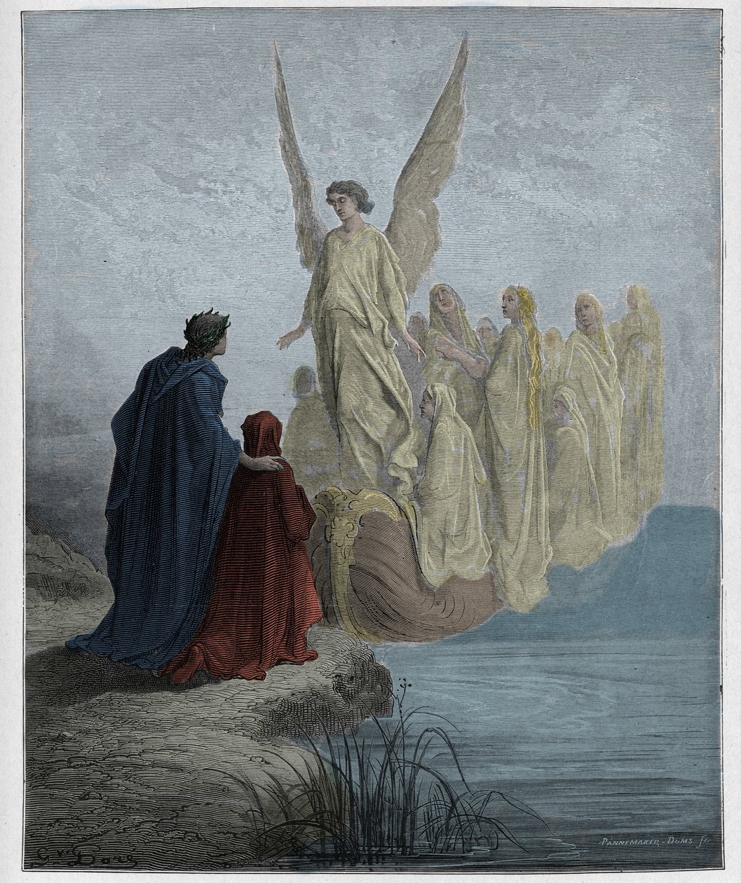 Purgatorio, 2. ének: Az égi pilóta leszáll a csónakra, illusztráció Dante Alighieri Isteni színjátékából, 1885 (digitálisan színes metszet) alkotó: Gustave after Dore