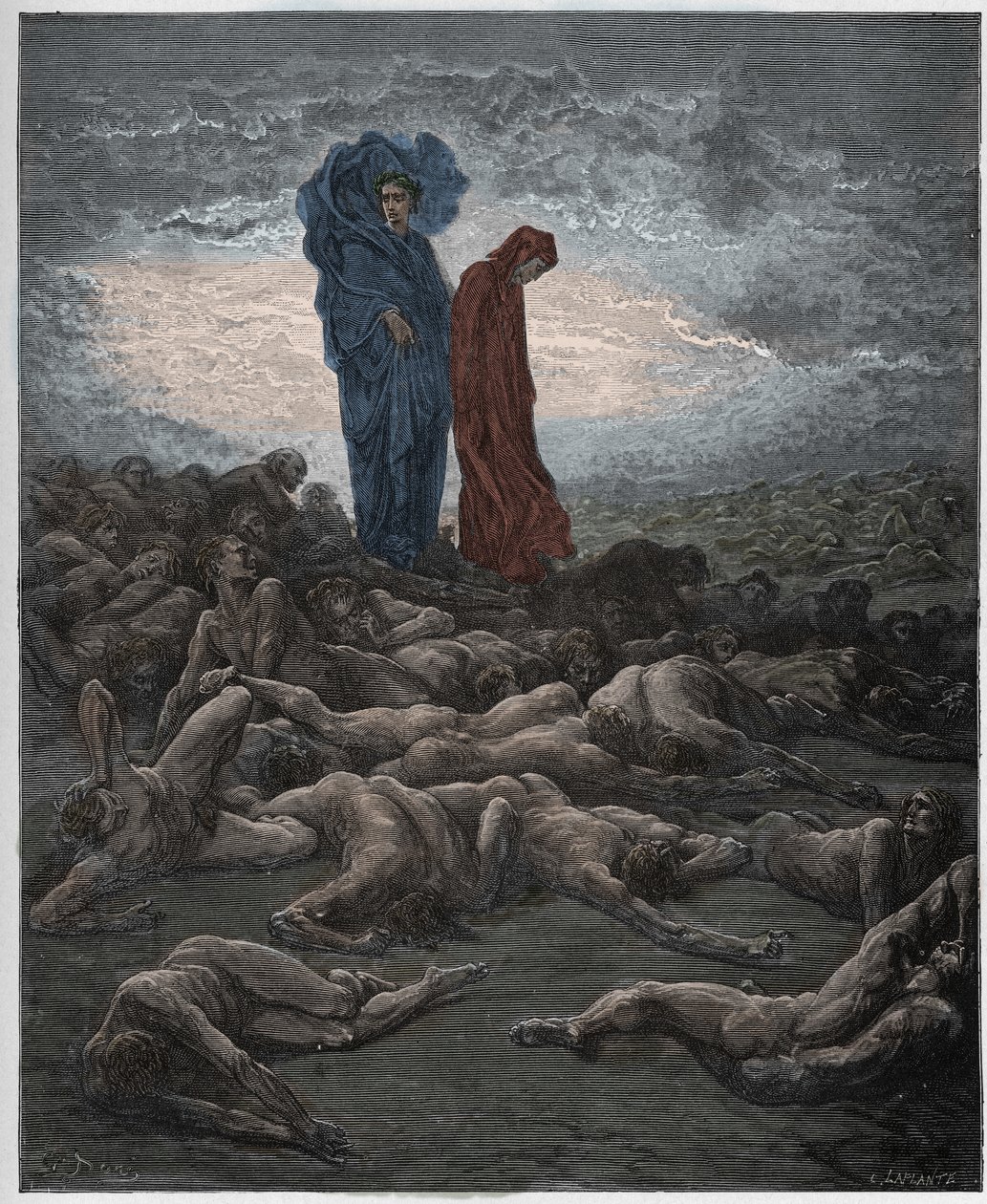Purgatorio, 20. ének : A fösvények lelkei, illusztráció Dante Alighieri Isteni komédiájából, 1885 (digitálisan színezett metszet) alkotó: Gustave after Dore
