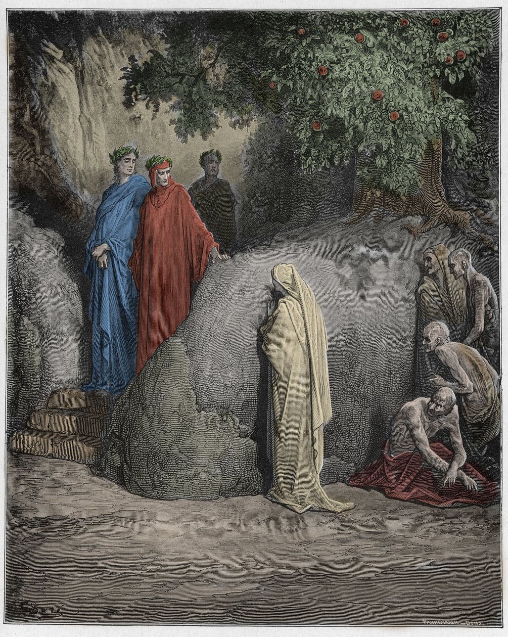 Purgatorio, 23. ének : Dante felismeri Forese Donati árnyékát a falánkok között, illusztráció Dante Alighieri Isteni komédiájából, 1885 (digitálisan színezett metszet). alkotó: Gustave after Dore