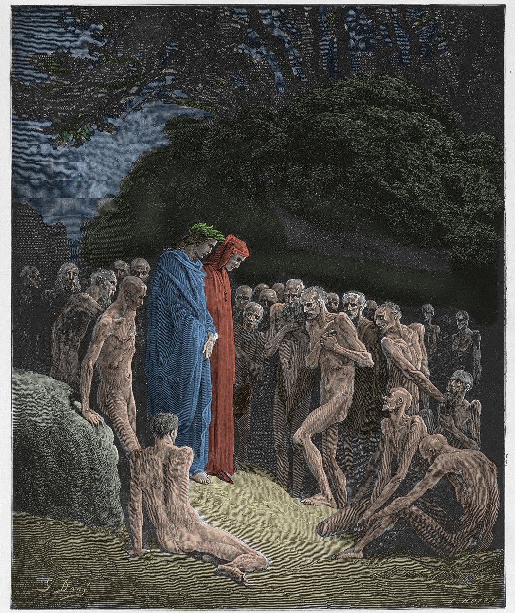 Purgatorio, 23. ének: A falánk lelkei, illusztráció Dante Alighieri Isteni színjátékából, 1885 (digitálisan színes metszet) alkotó: Gustave after Dore