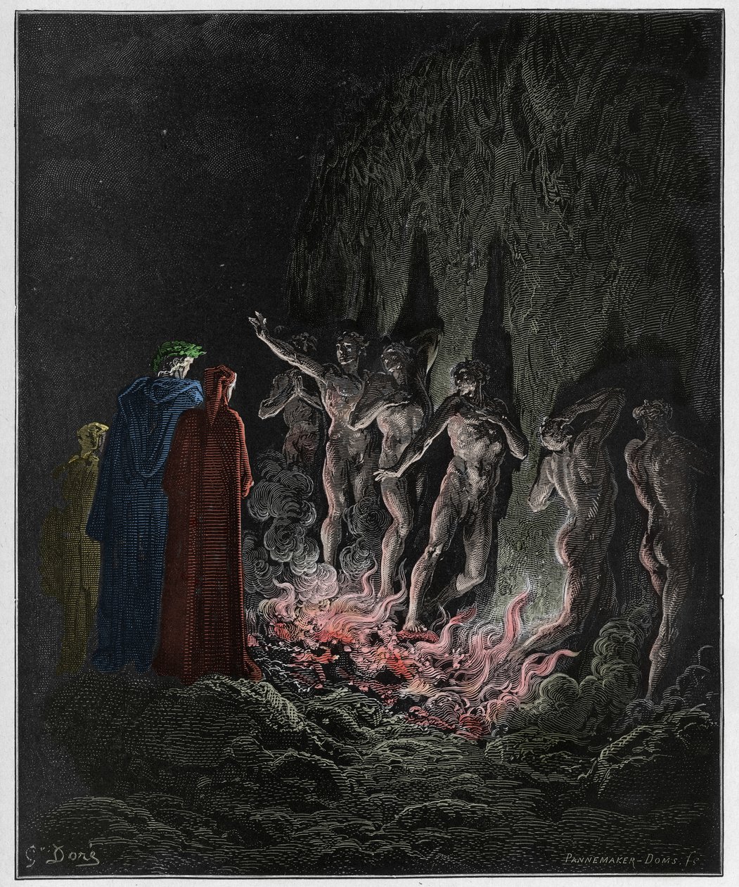 Purgatorio, 25. ének : A buja átkelés a tűzön a hetedik körben, illusztráció Dante Alighieri Isteni komédiájából, 1885 (digitálisan színezett metszet). alkotó: Gustave after Dore
