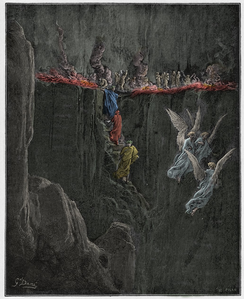 Purgatorio, 25. ének: Vergilius és Dante a lángokon át a hetedik körbe emelkednek, illusztráció Dante Alighieri Isteni színjátékából, 1885 (digitálisan színes metszet) alkotó: Gustave after Dore