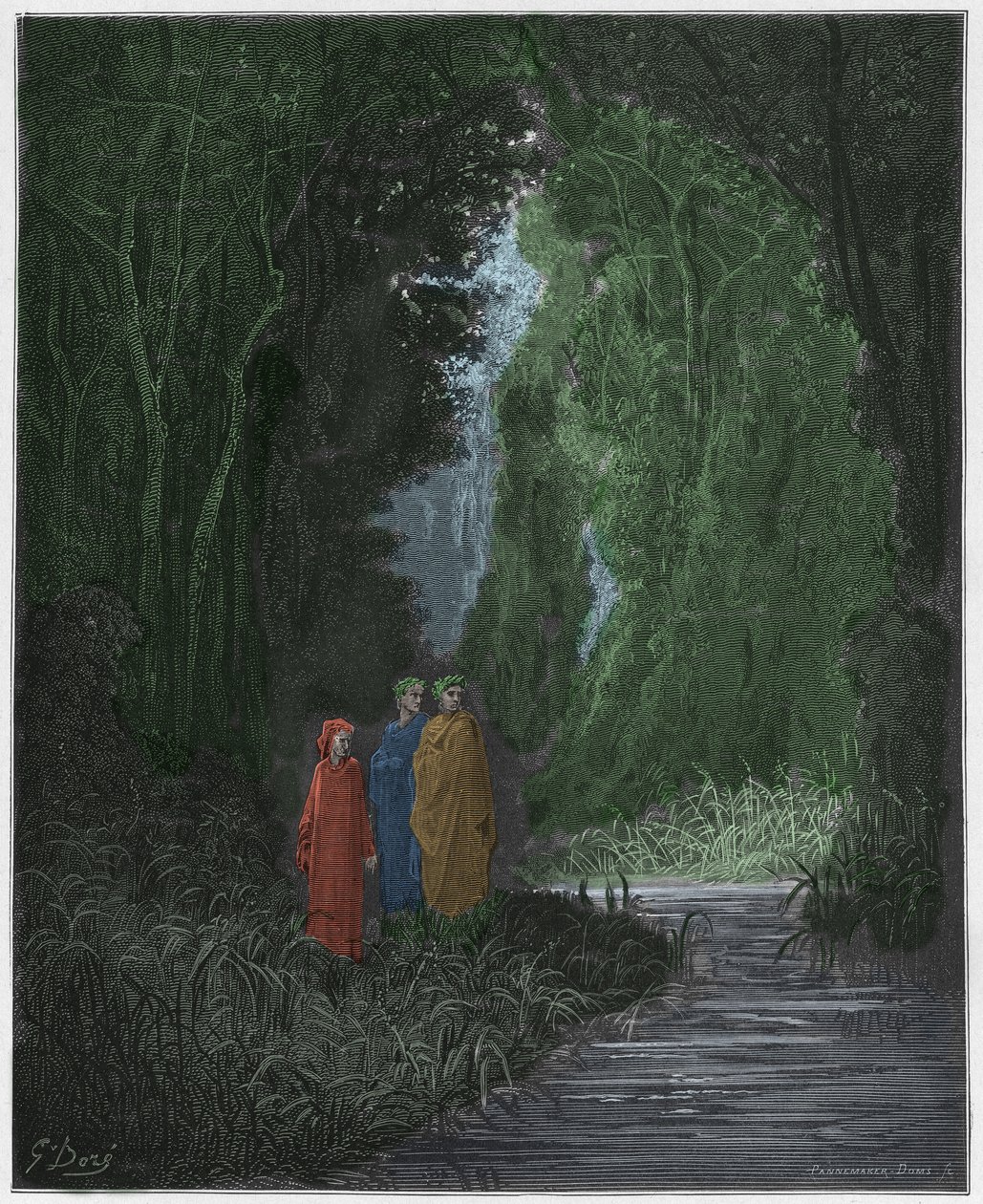 Purgatorio, Canto 28: Dante, Vergilius és Statius (Stace) a földi paradicsom ősi erdejében, illusztráció Dante Alighieri Isteni színjátékából, 1885 (digitálisan színes metszet) alkotó: Gustave after Dore