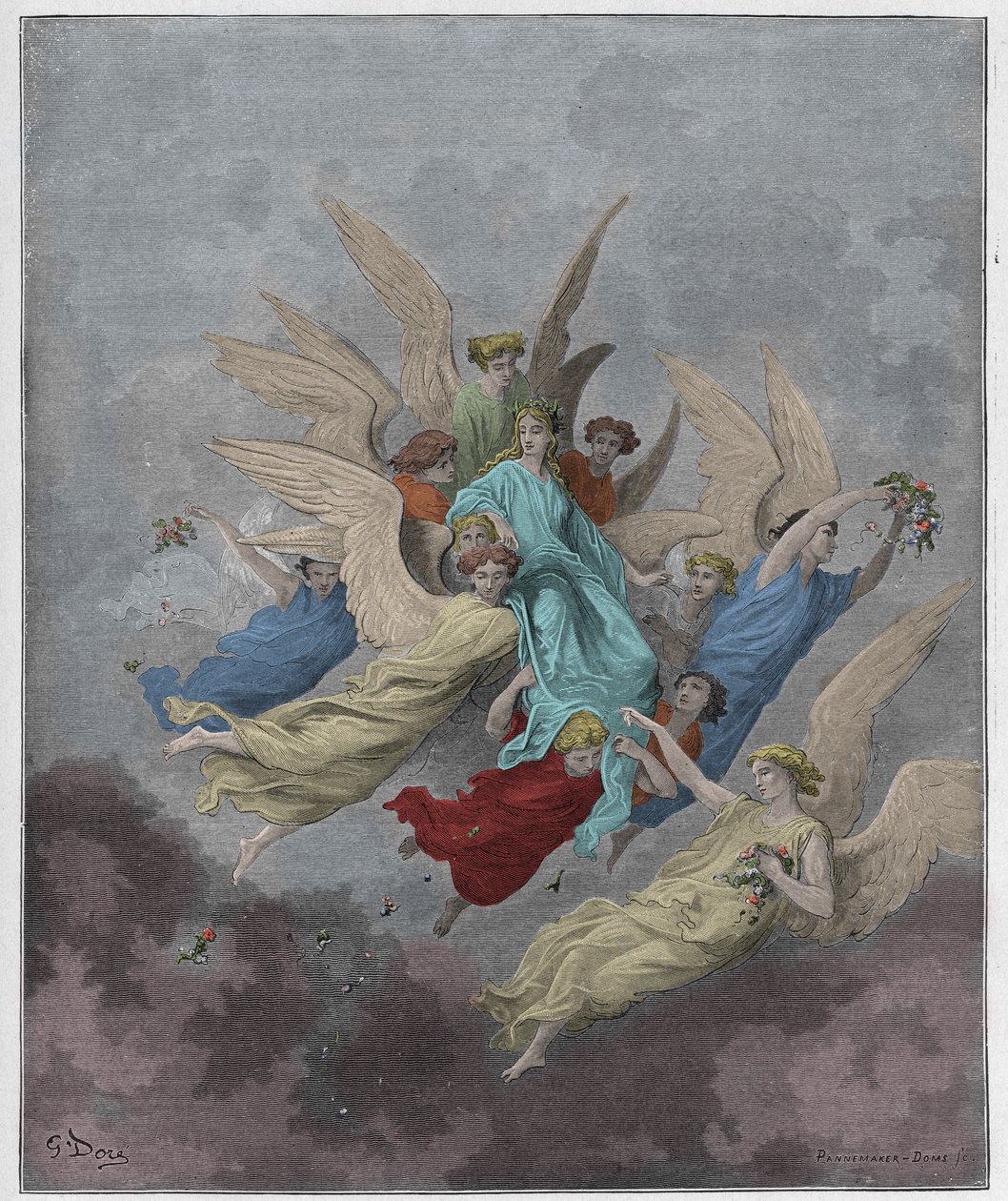 Purgatorio, 30. ének: Beatrice az angyalok között, illusztráció Dante Alighieri Isteni színjátékából, 1885 (digitálisan színes metszet) alkotó: Gustave after Dore