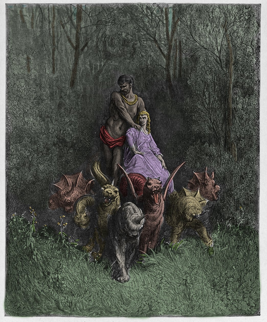Purgatorio, 32. ének: Az óriás és a szajha a szekérben, illusztráció Dante Alighieri Isteni színjátékából, 1885 (digitálisan színes metszet) alkotó: Gustave after Dore