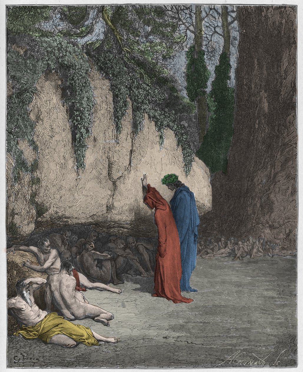 Purgatorio, 4. ének: Lágytalan lelkek a szikla mellett, illusztráció Dante Alighieri Isteni színjátékából, 1885 (digitálisan színes metszet) alkotó: Gustave after Dore