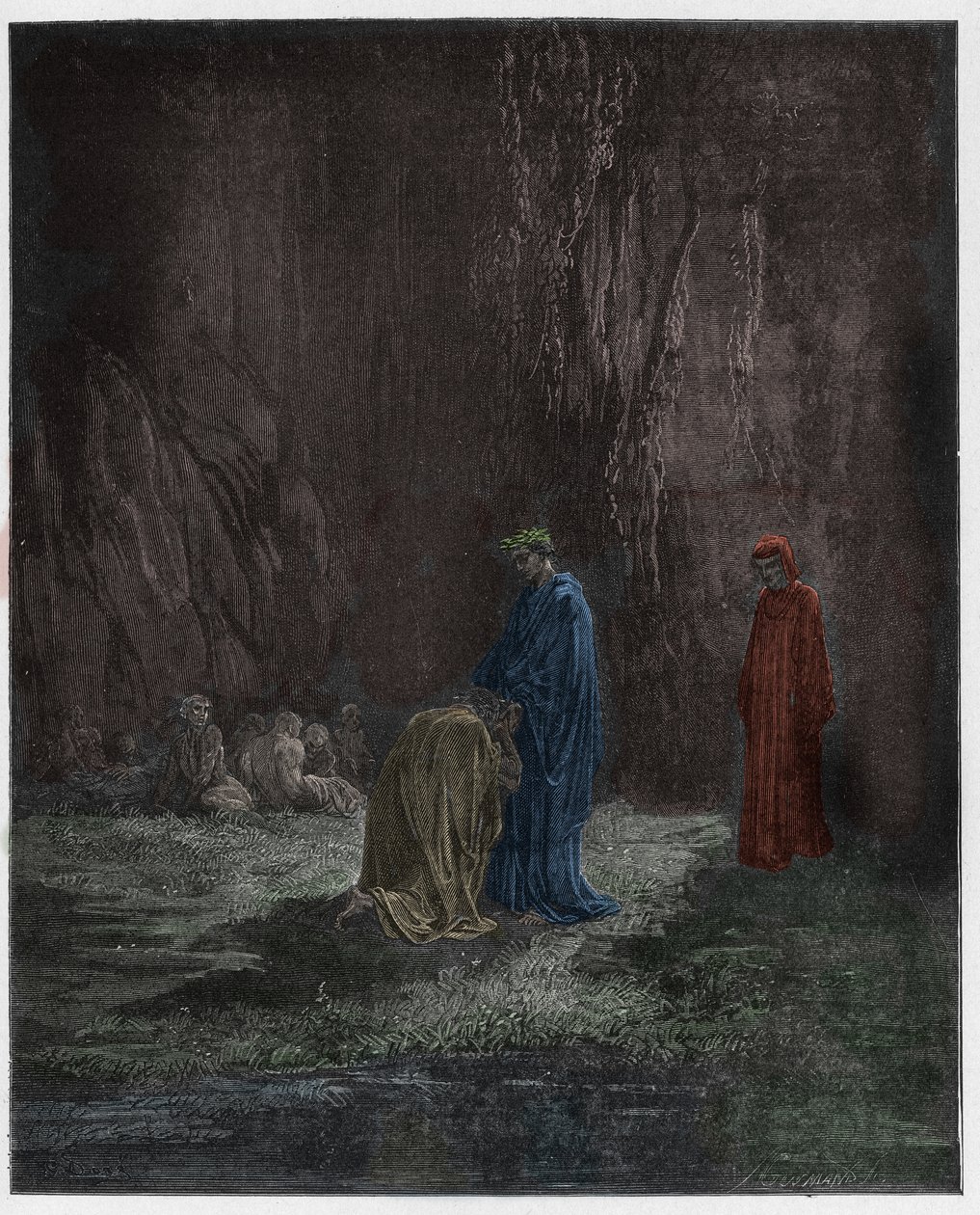 Purgatorio, 7. ének: Sordello költő megdöbbenve térdel Vergilius előtt, illusztráció Dante Alighieri Isteni színjátékából, 1885 (digitálisan színes metszet) alkotó: Gustave after Dore