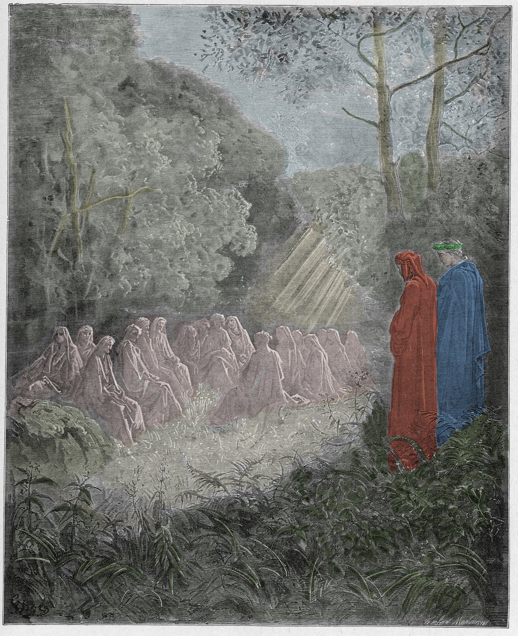 Purgatorio, 7. ének: Salve Reginát éneklő szellemek a dellben, illusztráció Dante Alighieri Isteni színjátékából, 1885 (digitálisan színes metszet) alkotó: Gustave after Dore