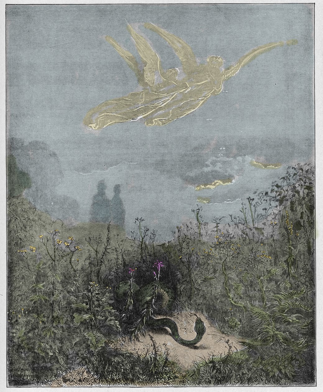 Purgatorio, 8. ének: Az angyalok elűzik a kígyót, illusztráció Dante Alighieri Isteni színjátékából, 1885 (digitálisan színes metszet) alkotó: Gustave after Dore