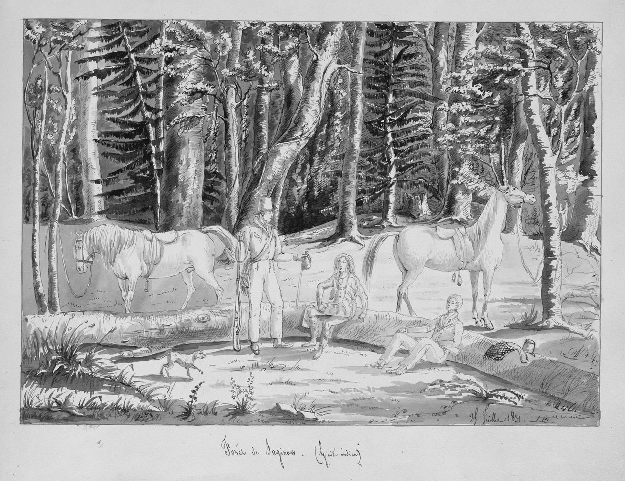 Utazók indián idegenvezetővel a saginaw-i erdőben, 1831 (toll, tinta és WC papíron) alkotó: Gustave de Beaumont