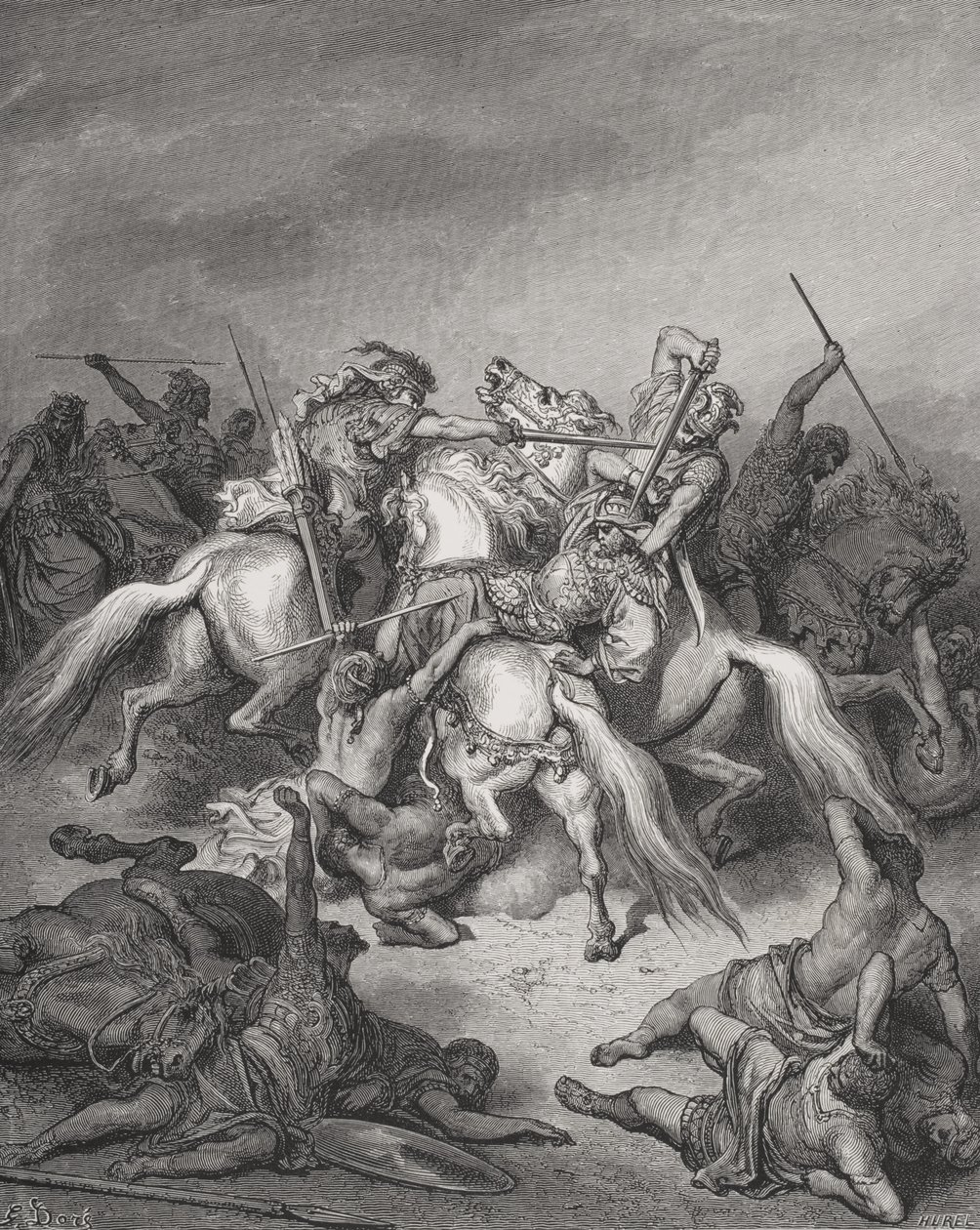 Abisai megmenti Dávid életét, Sámuel 2:17, illusztráció Dore "A Szent Biblia" című művéből, Hurel metszete. alkotó: Gustave (after) Dore
