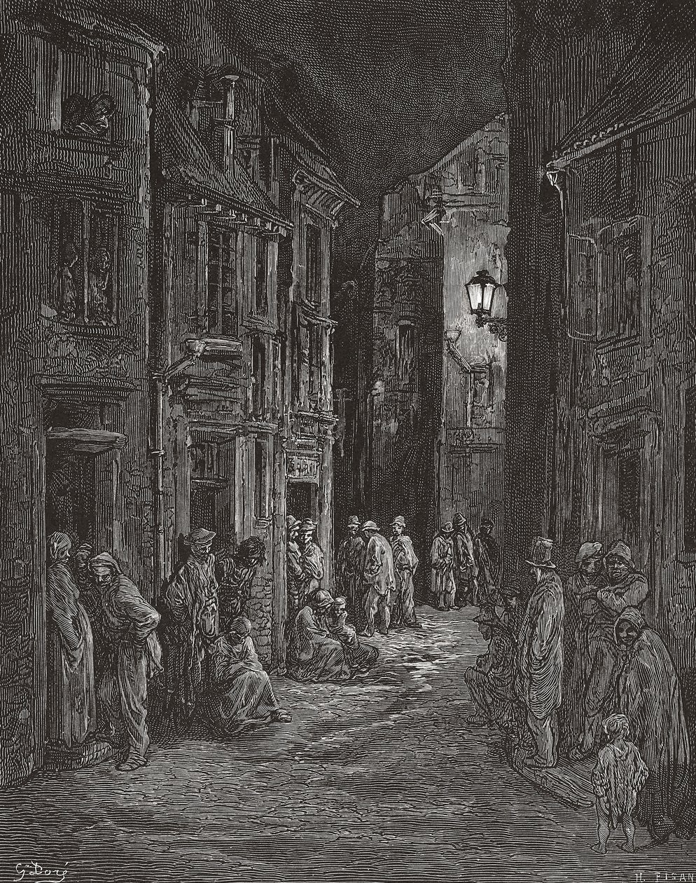 Bluegate Fields nyomornegyedek, London a 19. században. (nyomtatás) alkotó: Gustave (after) Dore