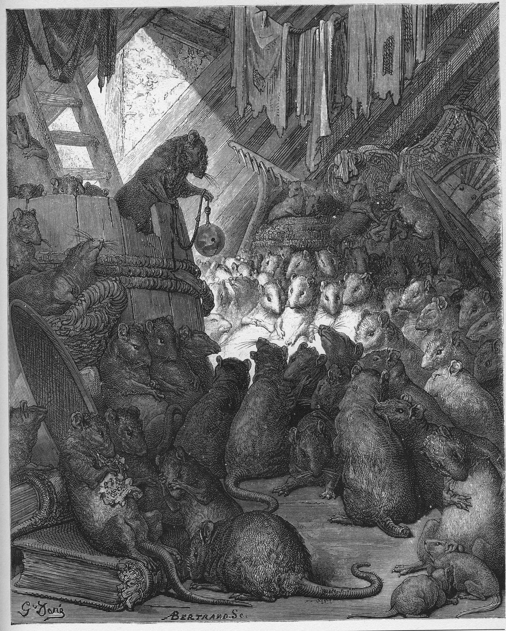 Patkányok által tartott tanács - Az egerek a tanácsban - Jean de La Fontaine (Lafontaine) (1621-95) meséiből - Gustave Dore (1832-83) metszet - Magángyűjtemény alkotó: Gustave (after) Dore