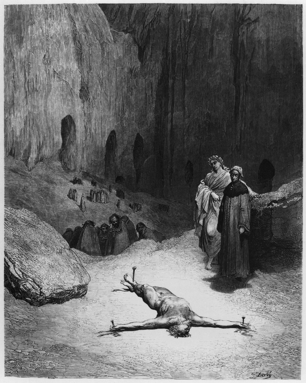 Megfeszített ember, illusztráció Dante Alighieri (1265-1321) „The Divine Comedy” (Pokol) című művéből, Párizs, 1885-ben (metszet) (f/w fotó) alkotó: Gustave (after) Dore