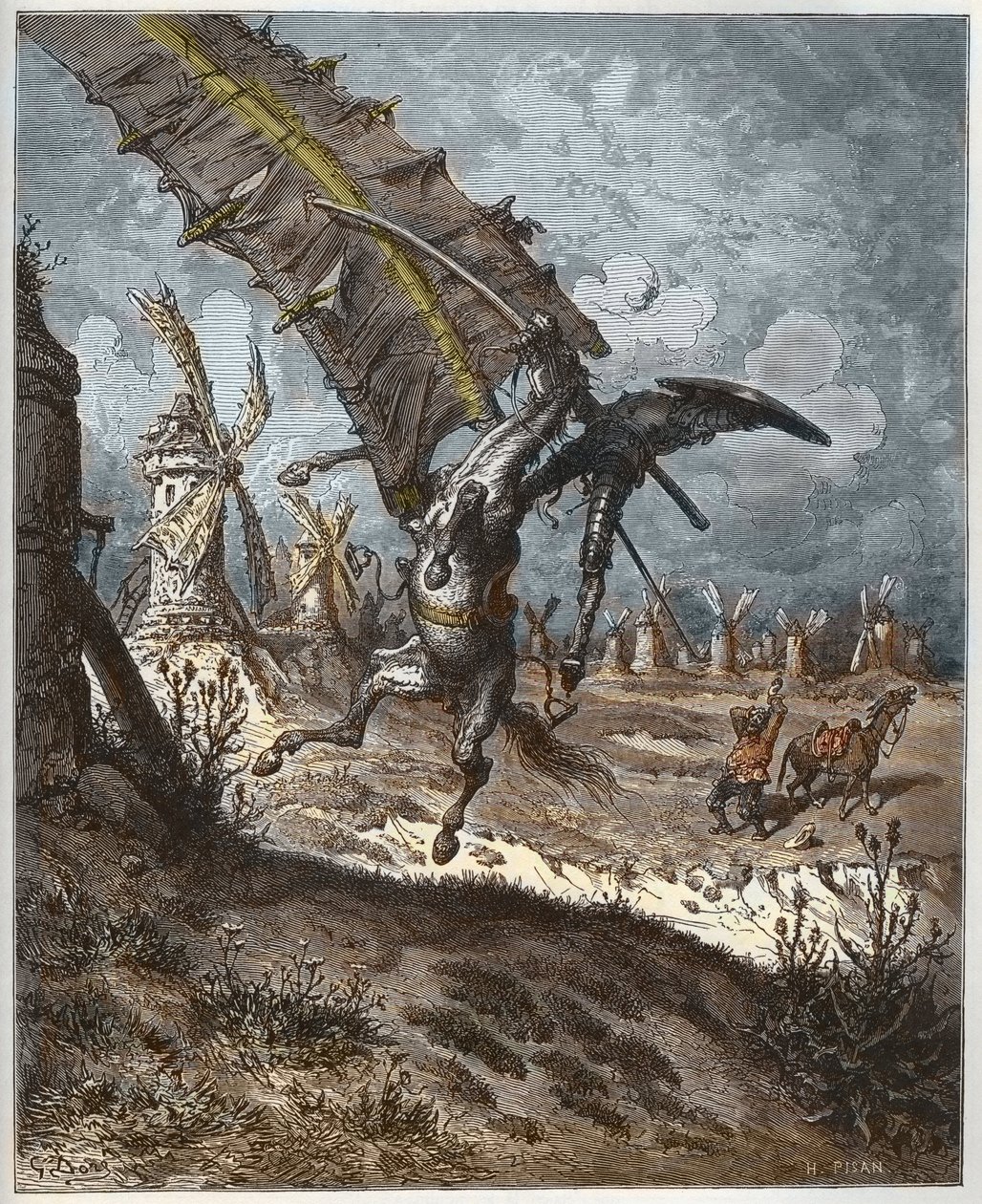 Don Quijote és a szélmalmok Miguel Cervantes (1547-1616) „Don Quijote de la Mancha”-ból (Don Quijote) – gravírozta Heliodore Joseph Pisan (1822-90) Gustave Dore rajza alapján alkotó: Gustave (after) Dore