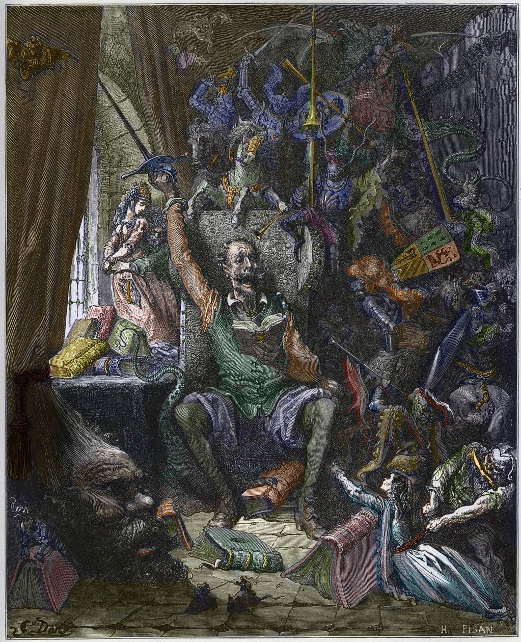 Don Quijote dolgozószobájában álmai fantomjaival körülvéve - Don Quijote de la Mancha, Miguel Cervantes (1547-1616) (Don Quijote), gravírozása Heliodore Joseph Pisan (1822-90) Gustave Dore rajza alapján alkotó: Gustave (after) Dore
