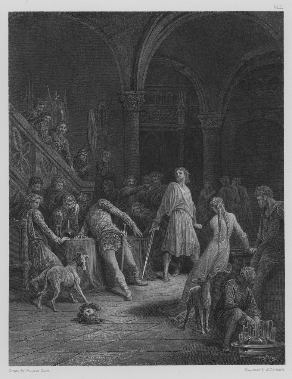 Geraint megöli Doorm grófot, illusztráció Tennyson "A király idilljei" című művéből, 1878 körül (metszet). alkotó: Gustave (after) Dore