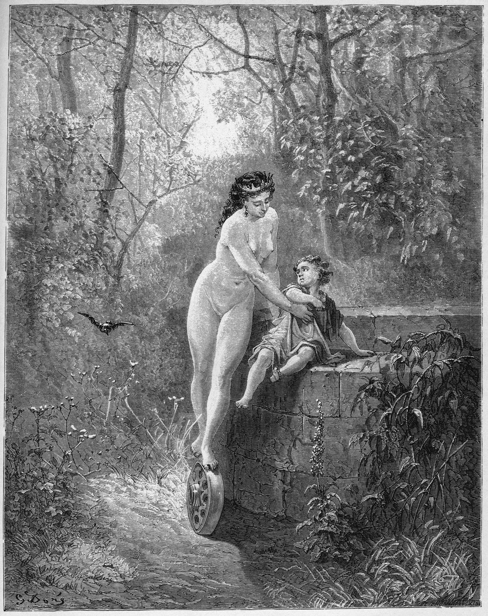 La Fortune et le jeune Enfant - A szerencseistennő megmenti a kisgyermeket a kútból - Jean de La Fontaine (Lafontaine) „Fabuláiból” (1621-95) - metszet Gustave Dore (1832-83) után - Magángyűjtemény alkotó: Gustave (after) Dore