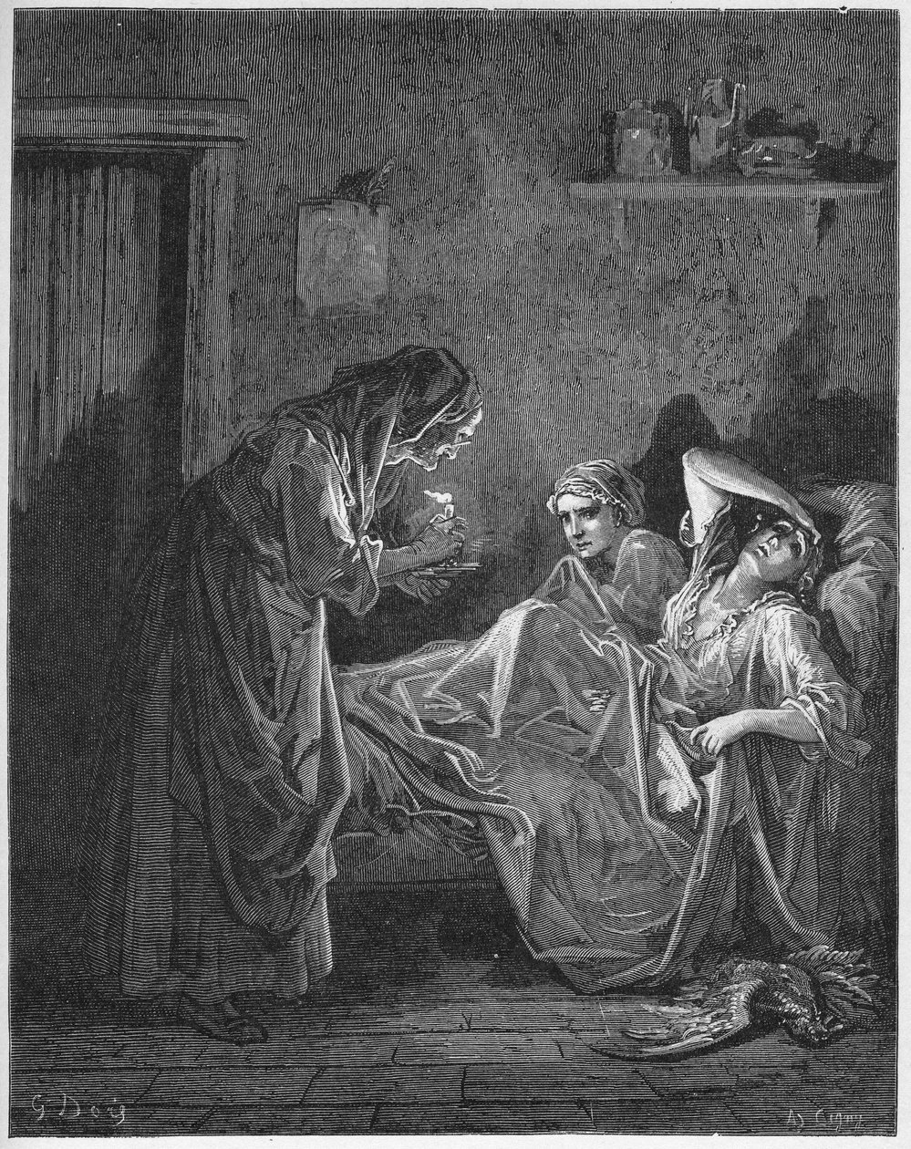 La Vieille et les deux Servantes - Az öregasszony és két szolgája - Jean de La Fontaine (Lafontaine) „Fabuláiból” (1621-95) - metszet Gustave Dore (1832-83) nyomán - Magángyűjtemény alkotó: Gustave (after) Dore