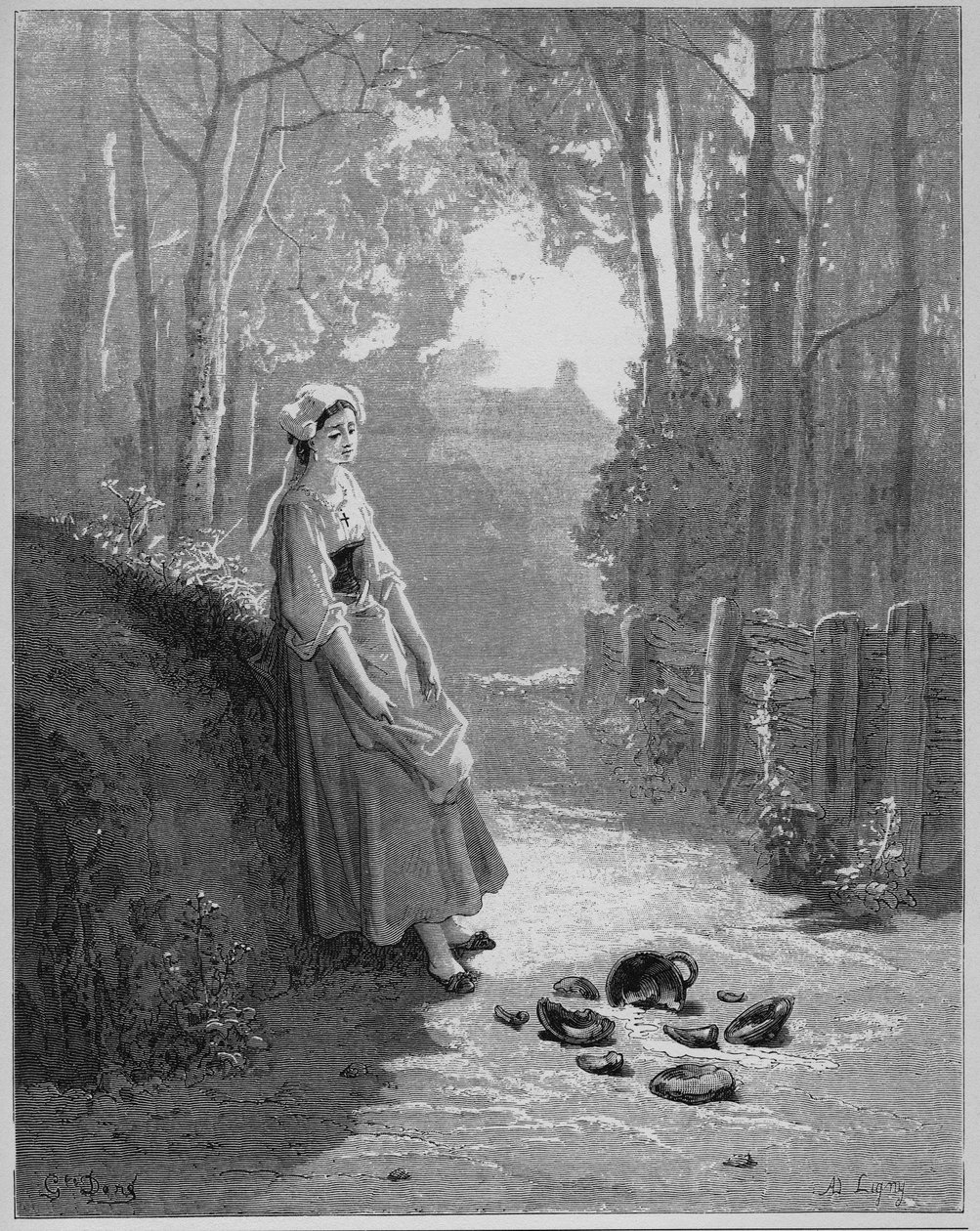 La laitiere et le jug a lait - A tejeslány és vödrje - Jean de La Fontaine (Lafontaine) "Fables"-jából (1621-95) - gravírozás Gustave Dore (1832-83) nyomán - Magángyűjtemény alkotó: Gustave (after) Dore