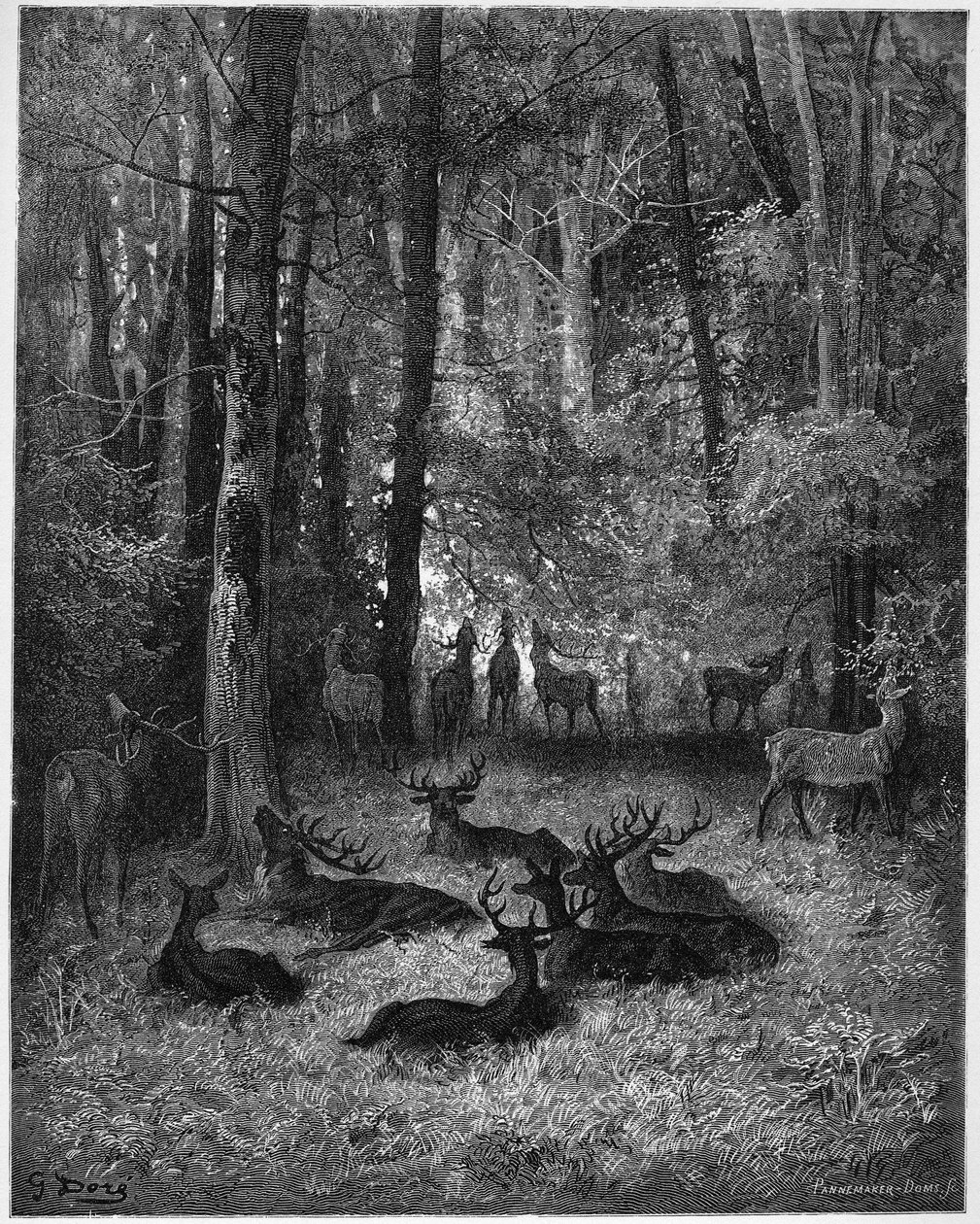 A beteg szarvas - A beteg szarvas - Jean de La Fontaine (Lafontaine) "Fables"-jából (1621-95) - metszet Gustave Dore (1832-83) után - Magángyűjtemény alkotó: Gustave (after) Dore