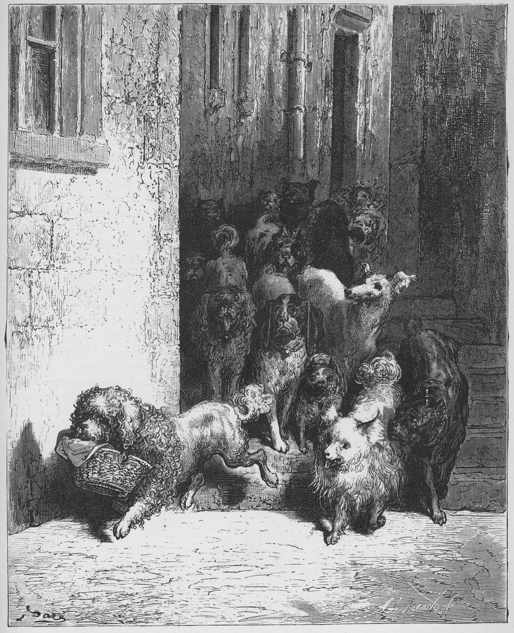 – A kutya, aki a nyakában hordja a gazdája vacsoráját. Fabeln, La Fontaine (1621-1695), Stich von Gustave Doré (1823-1883) alkotó: Gustave (after) Dore