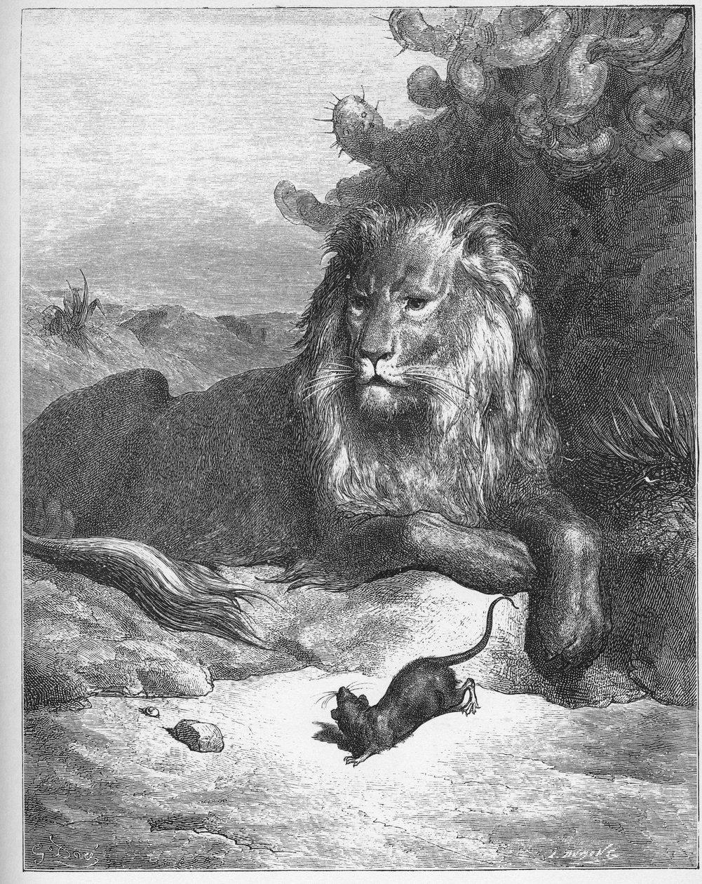 Le lion et le rat - Az oroszlán és az egér - Jean de La Fontaine (Lafontaine) meséiből (1621-95) - metszet Gustave Dore (1832-83) után - Magángyűjtemény alkotó: Gustave (after) Dore