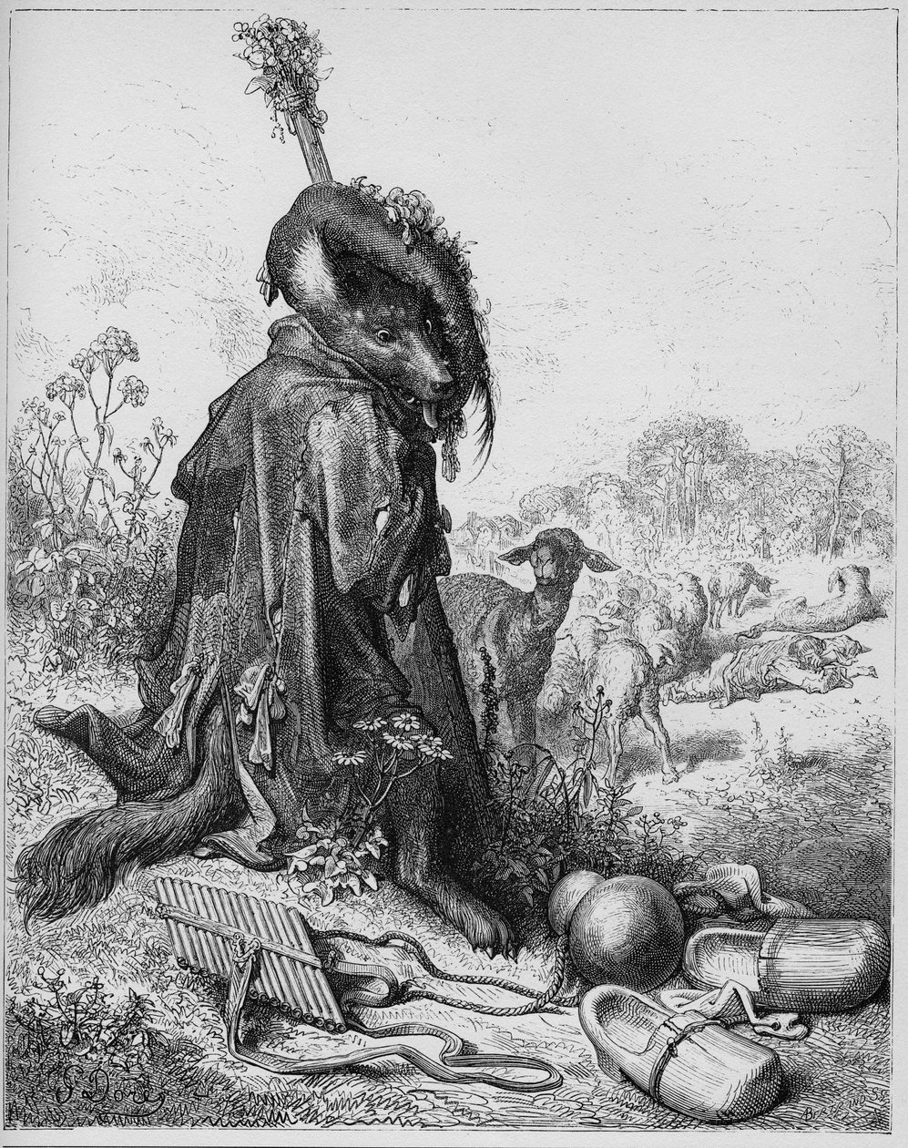 Le loup devenu berger - A pásztort játszó farkas - Jean de La Fontaine (Lafontaine) (1621-95) meséiből - Gustave Dore (1832-83) utáni metszet - Magángyűjtemény alkotó: Gustave (after) Dore