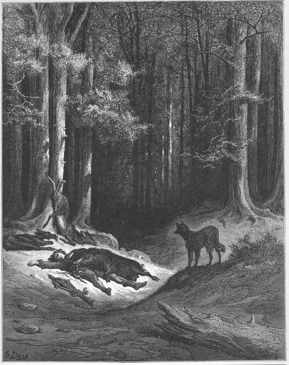 Le loup et le chasseur - A farkas és a vadász - Jean de La Fontaine (Lafontaine) "Fables"-jából (1621-95) - gravírozás Gustave Dore (1832-83) nyomán - Magángyűjtemény alkotó: Gustave (after) Dore