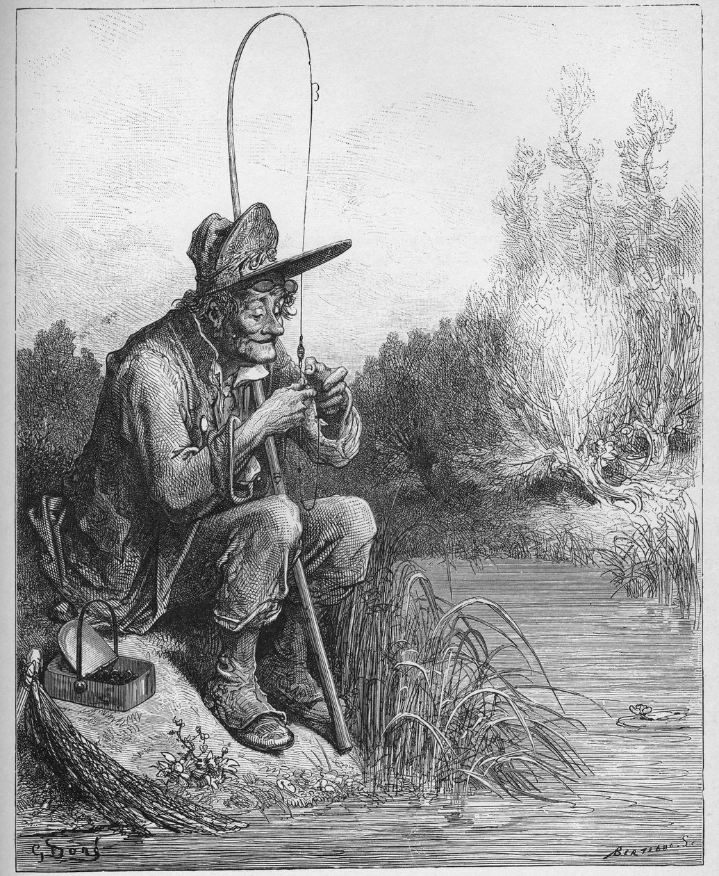 A halász és a kis hal - A halász és a hal - Jean de La Fontaine (Lafontaine) „Fables”-jából (1621-95) - gravírozás Gustave Dore (1832-83) nyomán - Magángyűjtemény alkotó: Gustave (after) Dore
