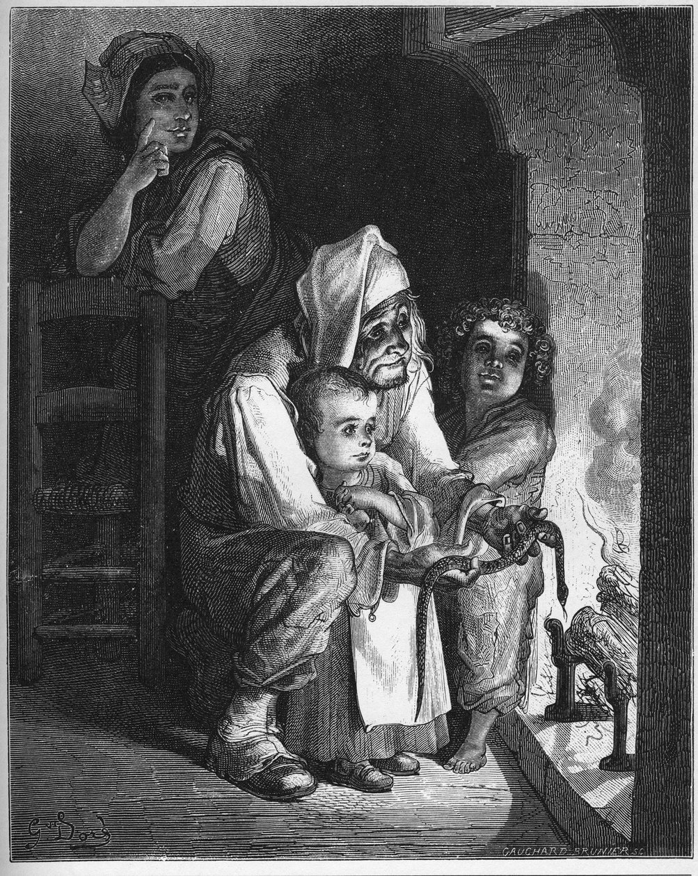 A falusi és a kígyó - A gazda és a vipera - Jean de La Fontaine (Lafontaine) meséiből (1621-95) - metszet Gustave Dore (1832-83) után - Magángyűjtemény alkotó: Gustave (after) Dore